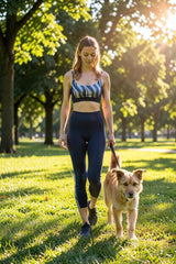 Aurum Activewear Adventure Bralette in Total Eclipse with vintage swirl print, worn by a woman walking a dog in a park.
